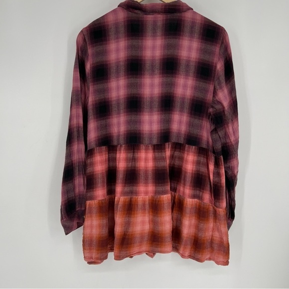 J. Jill Top Women’s Ombré Pink Orange Flannel Plaid Button Up Long Sleeves Tunic - Picture 6 of 10
